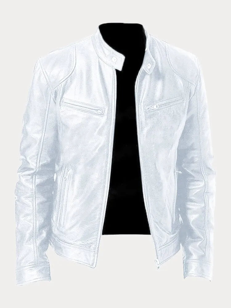 Men's faux leather cafe racer jacket with stand collar and zip pockets - view 2