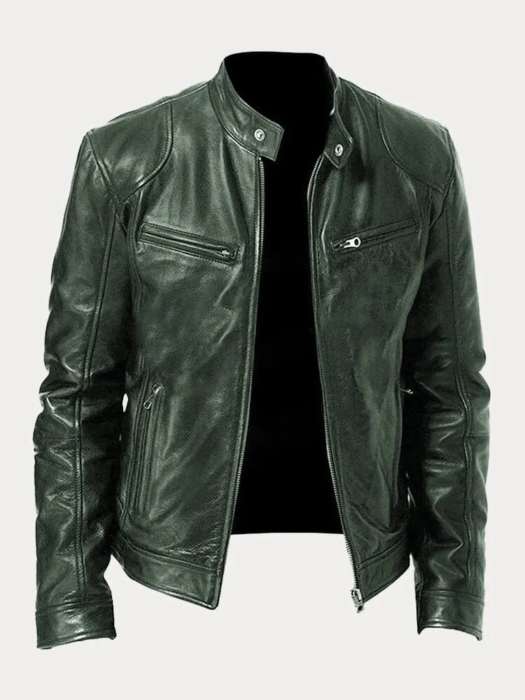 Men's faux leather cafe racer jacket with stand collar and zip pockets - view 3