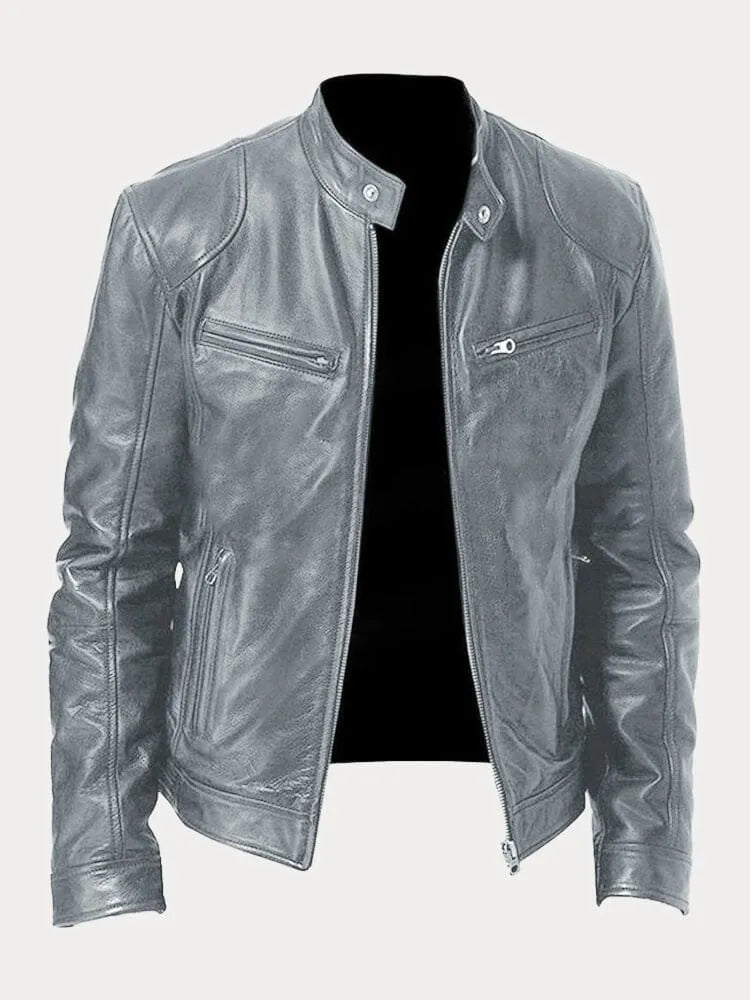 Men's faux leather cafe racer jacket with stand collar and zip pockets - view 4