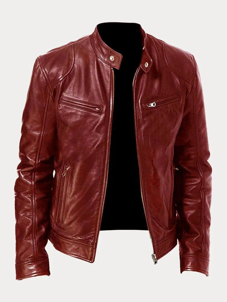 Men's faux leather cafe racer jacket with stand collar and zip pockets - view 5