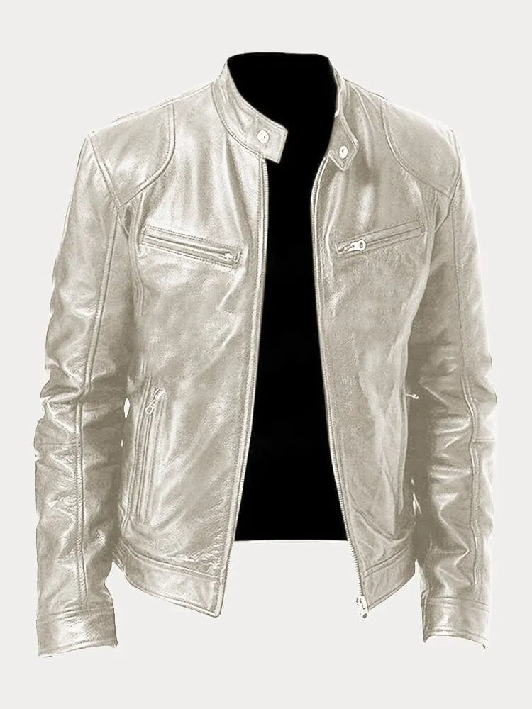 Men's faux leather cafe racer jacket with stand collar and zip pockets - view 6