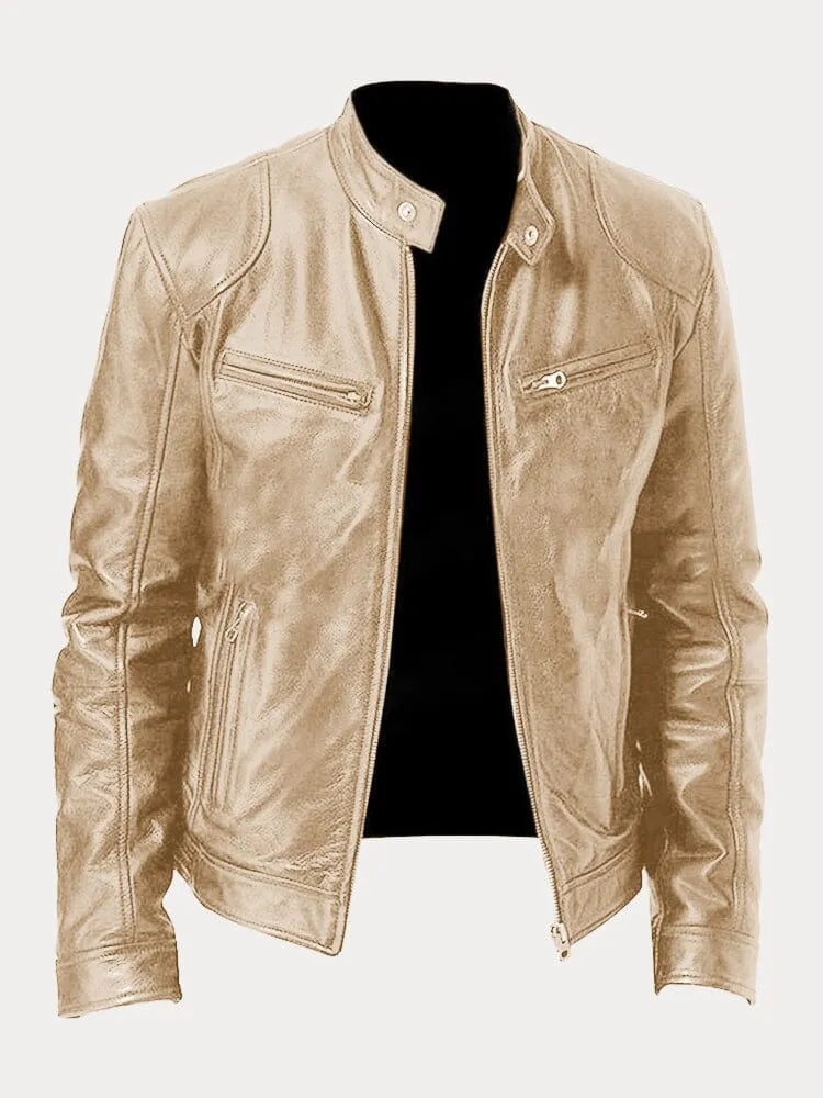 Men's faux leather cafe racer jacket with stand collar and zip pockets - view 7