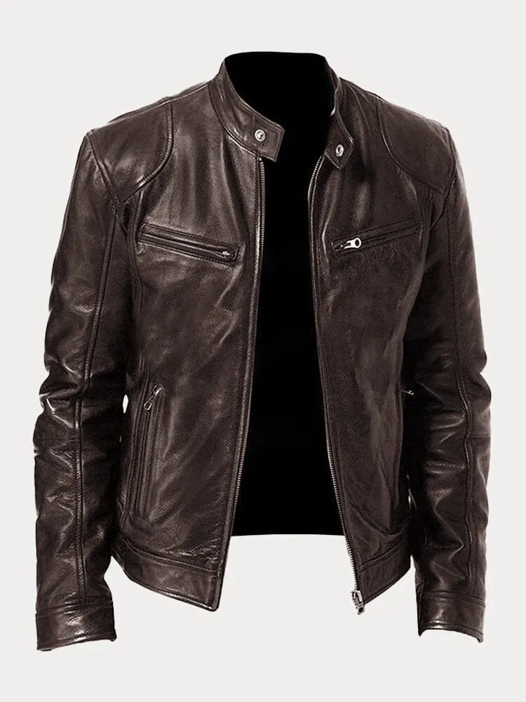 Men's faux leather cafe racer jacket with stand collar and zip pockets - view 8
