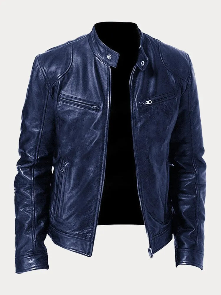Men's faux leather cafe racer jacket with stand collar and zip pockets - view 9