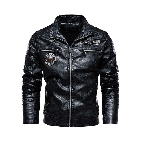 Men's quilted panel leather racer jacket, side view