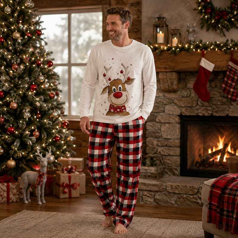 Man in matching Christmas pajamas with reindeer print top and plaid pants by a fireplace - view 2