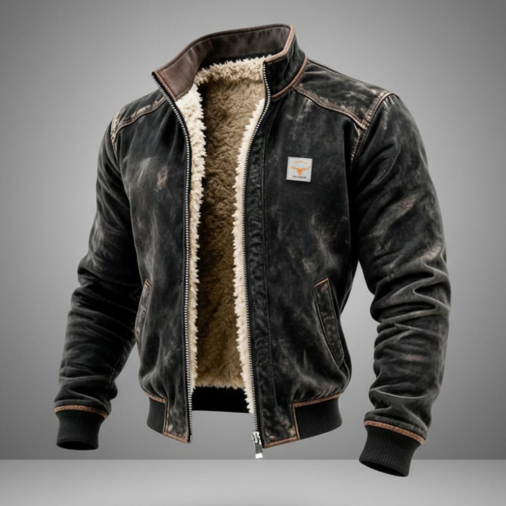 Men's distressed black faux leather jacket with cream sherpa-style lining and stand collar