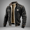 Men's distressed black faux leather jacket with cream sherpa-style lining and stand collar