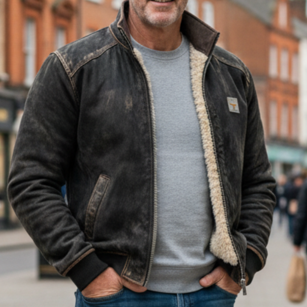 Men's distressed black faux leather jacket with cream sherpa-style lining and stand collar - view 2