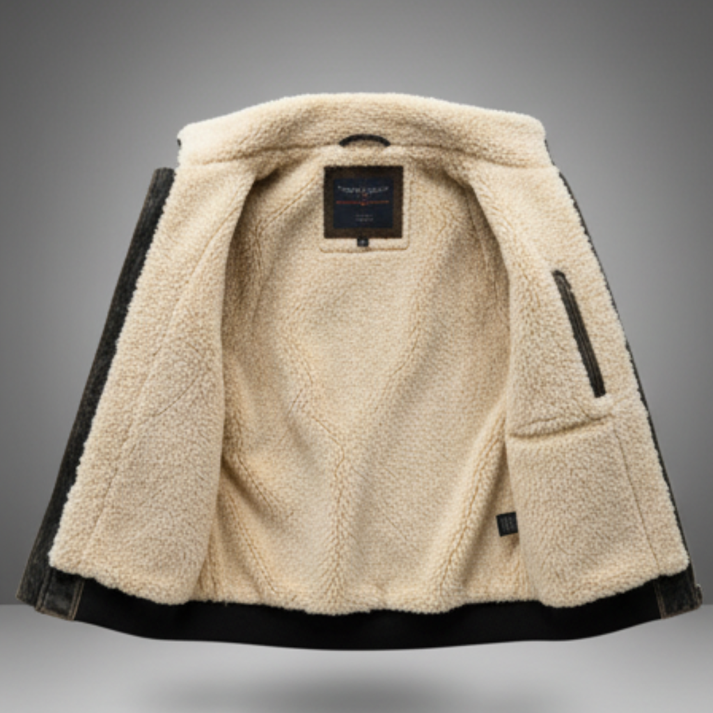 Men's distressed black faux leather jacket with cream sherpa-style lining and stand collar - view 4