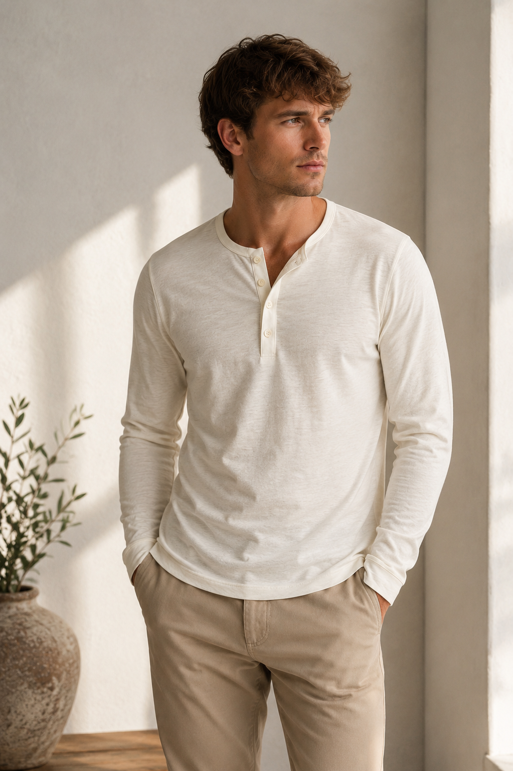 Man wearing a slim fit long sleeve henley mens shirt with buttoned placket