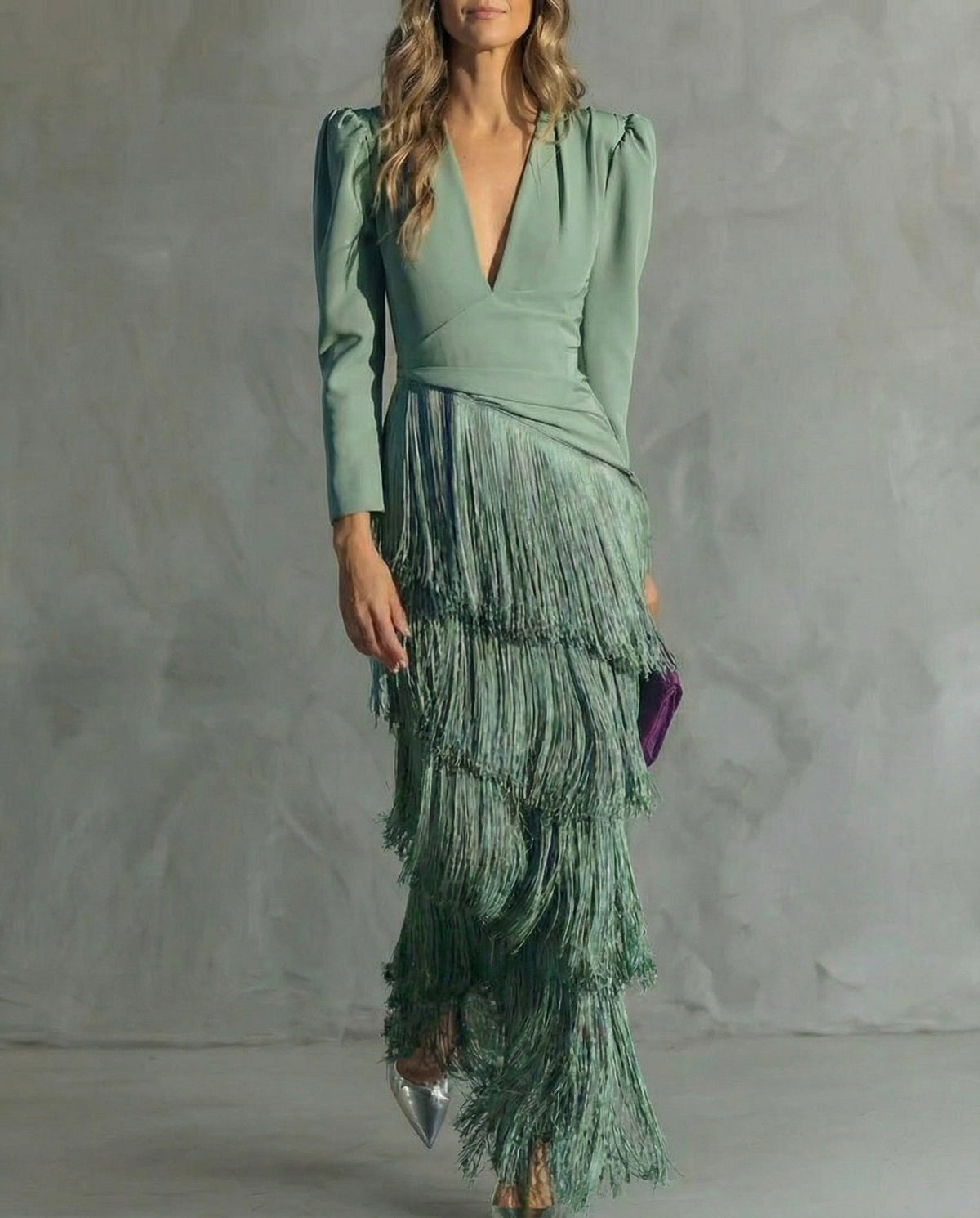 Long sleeve V-neck maxi dress with tiered fringe skirt and puff shoulders - view 2