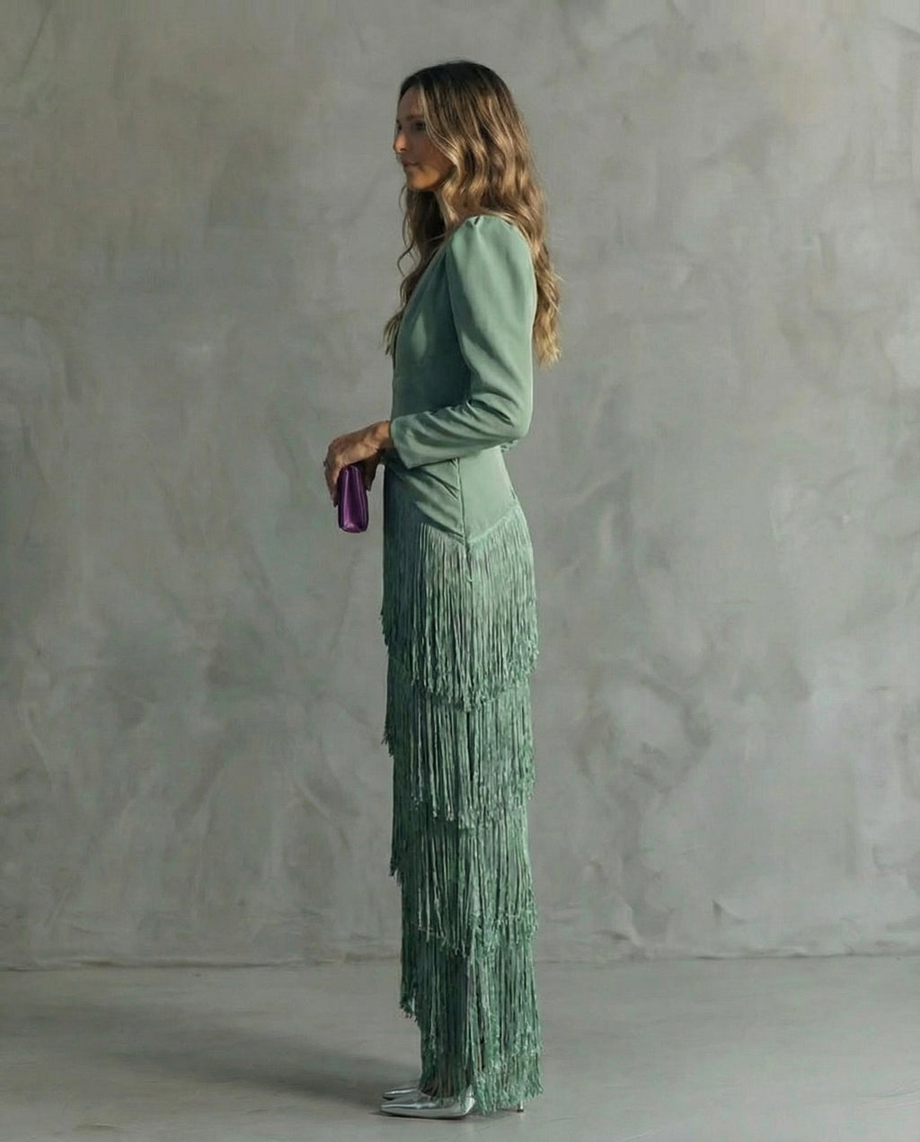Long sleeve V-neck maxi dress with tiered fringe skirt and puff shoulders - view 4