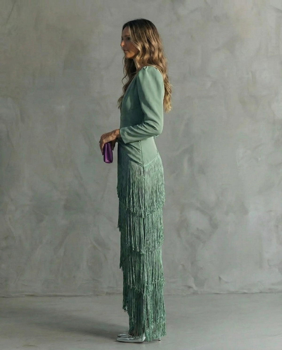 Long sleeve V-neck maxi dress with tiered fringe skirt and puff shoulders - view 4