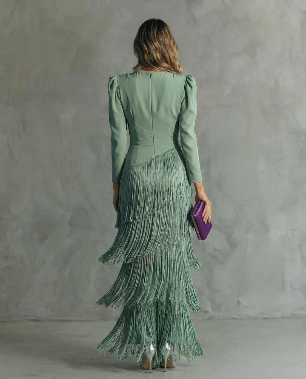 Long sleeve V-neck maxi dress with tiered fringe skirt and puff shoulders - view 5