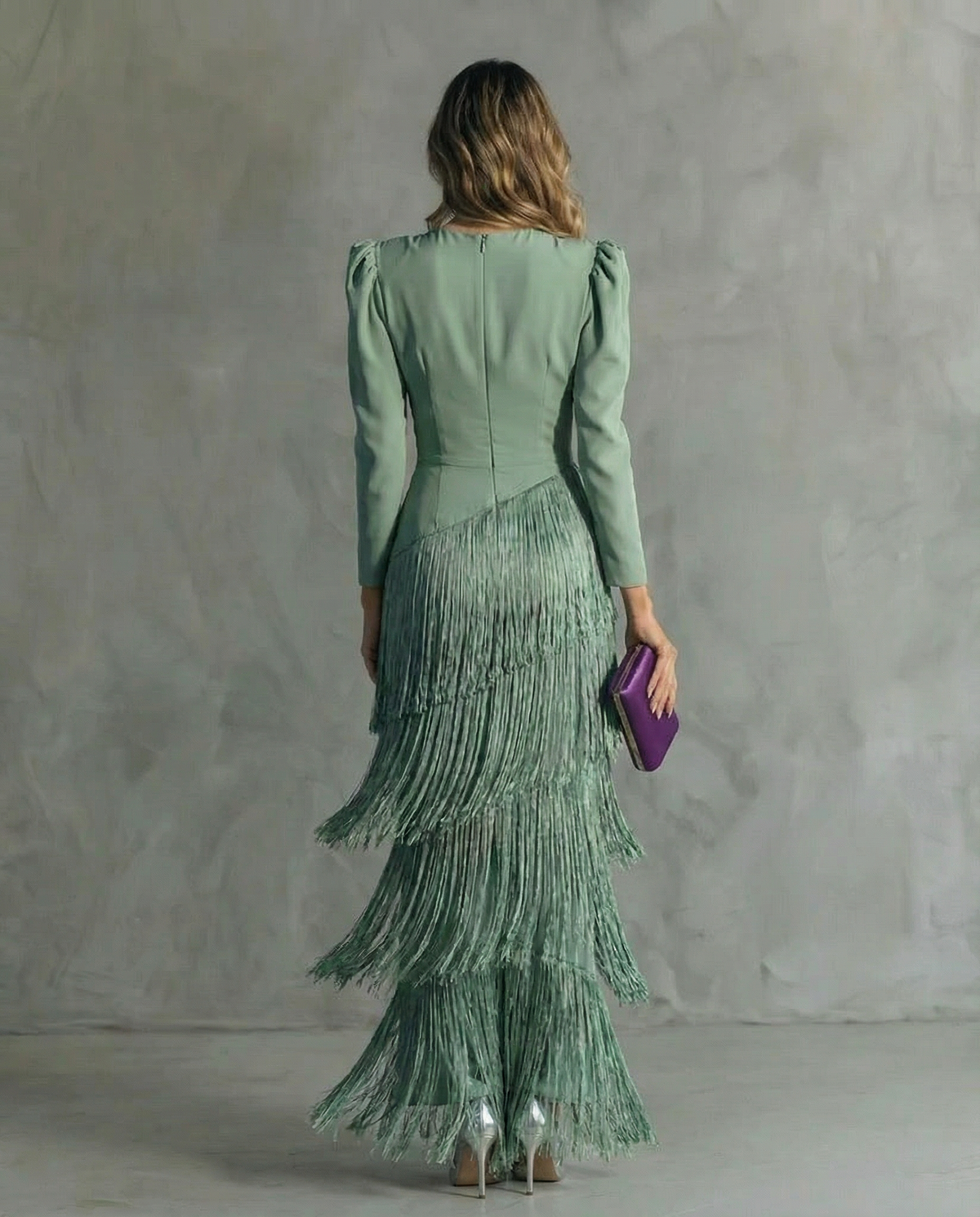 Long sleeve V-neck maxi dress with tiered fringe skirt and puff shoulders - view 5