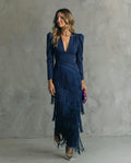 Long sleeve V-neck maxi dress with tiered fringe skirt and puff shoulders - view 6