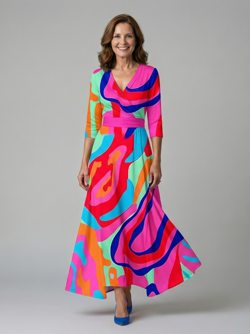 Floral wrap satin maxi dress with V neckline, three-quarter sleeves and sash waist - view 10
