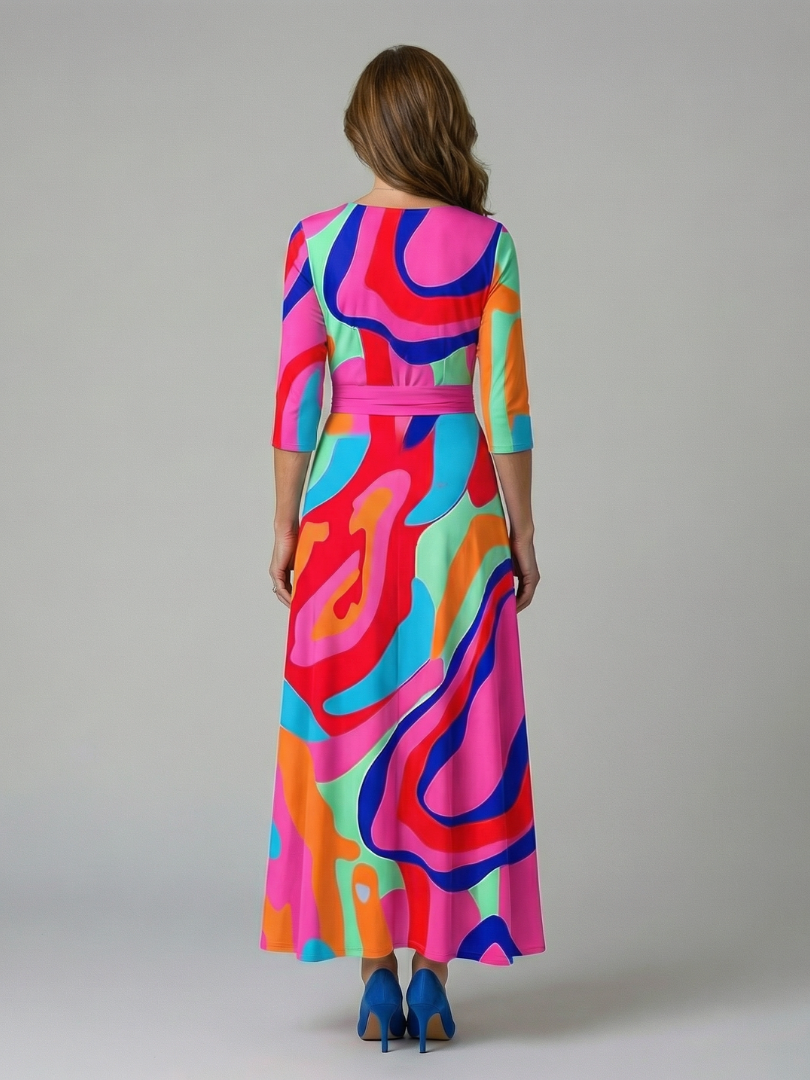 Floral wrap satin maxi dress with V neckline, three-quarter sleeves and sash waist - view 12