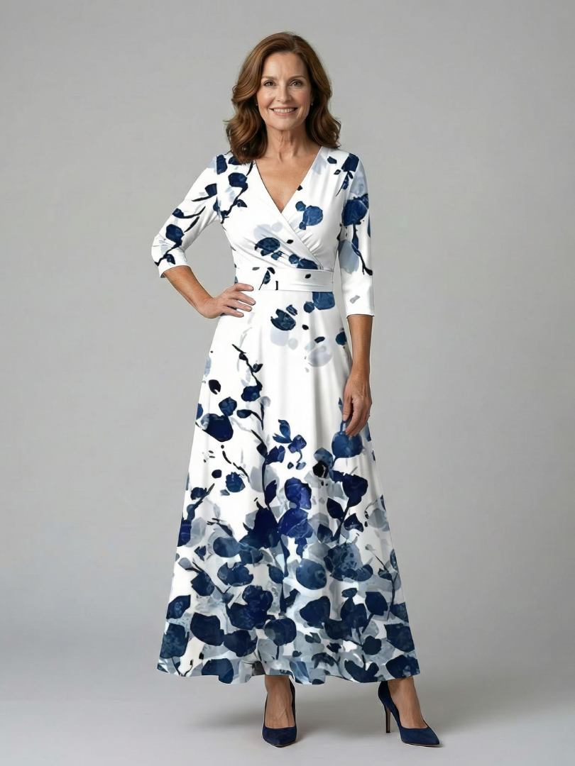 Floral wrap satin maxi dress with V neckline, three-quarter sleeves and sash waist - view 14