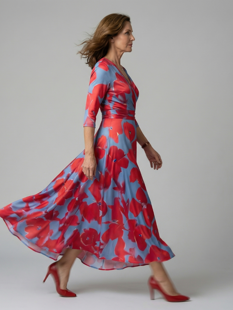 Floral wrap satin maxi dress with V neckline, three-quarter sleeves and sash waist - view 2
