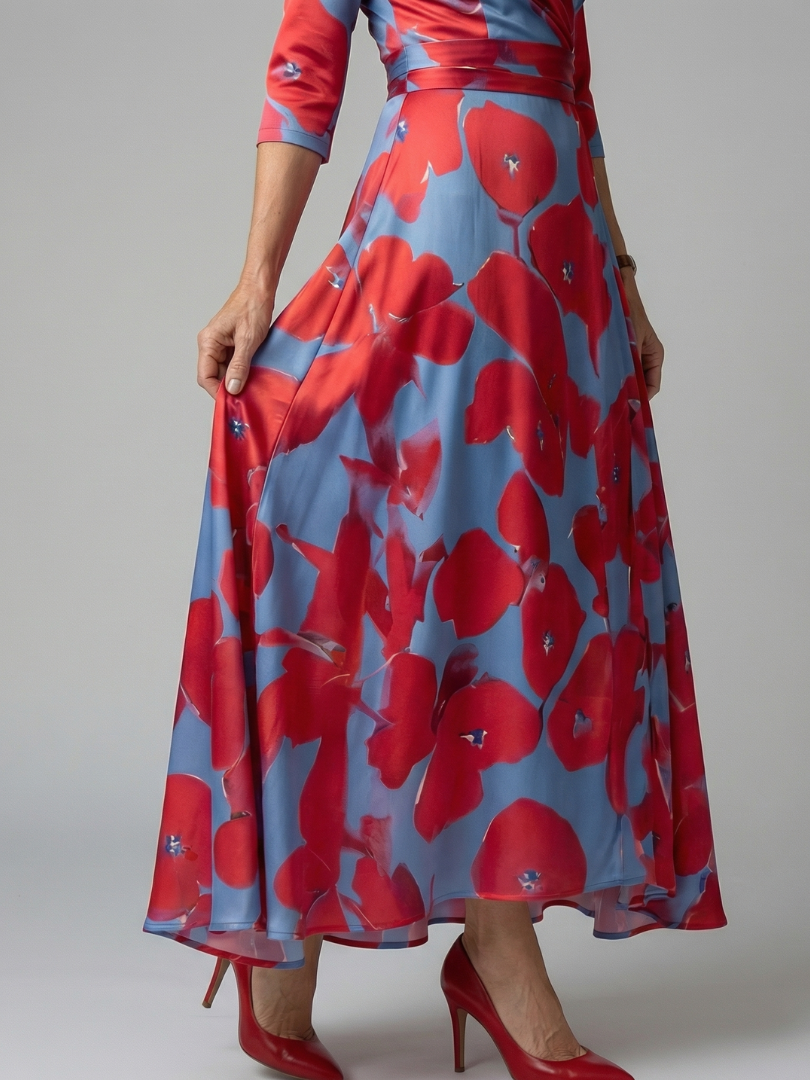 Floral wrap satin maxi dress with V neckline, three-quarter sleeves and sash waist - view 3