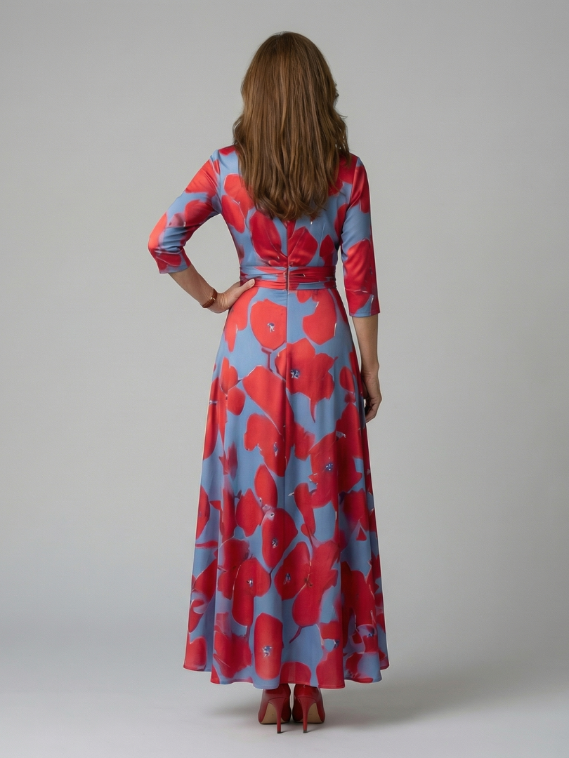 Floral wrap satin maxi dress with V neckline, three-quarter sleeves and sash waist - view 4