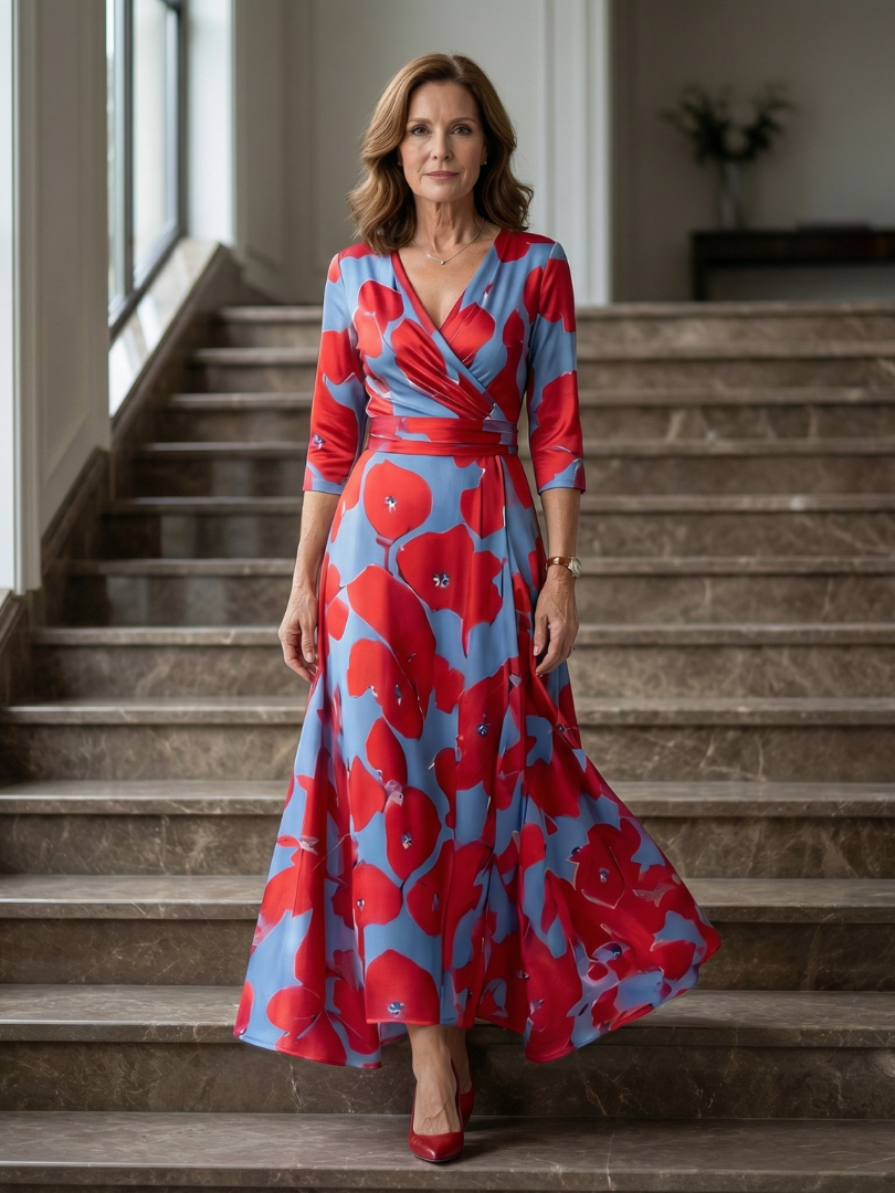 Floral wrap satin maxi dress with V neckline, three-quarter sleeves and sash waist - view 5