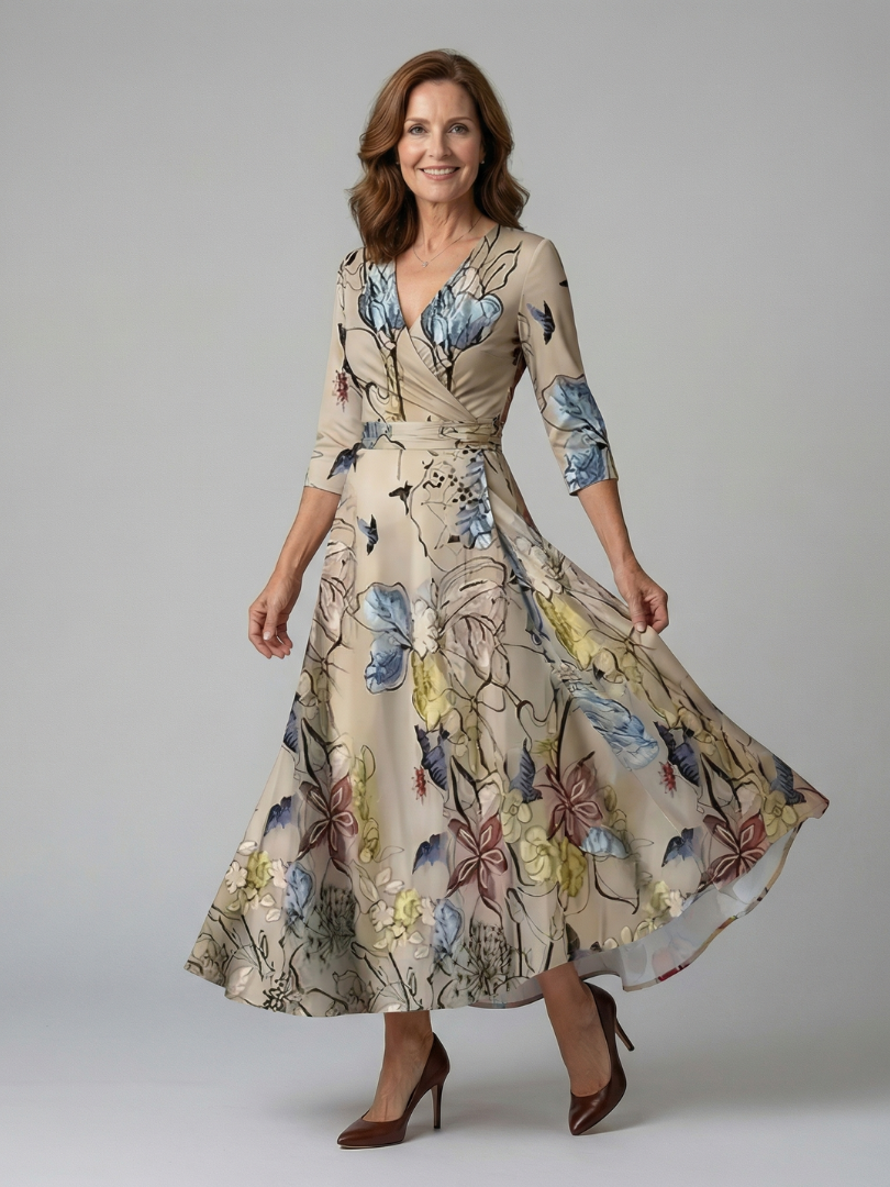 Floral wrap satin maxi dress with V neckline, three-quarter sleeves and sash waist - view 6