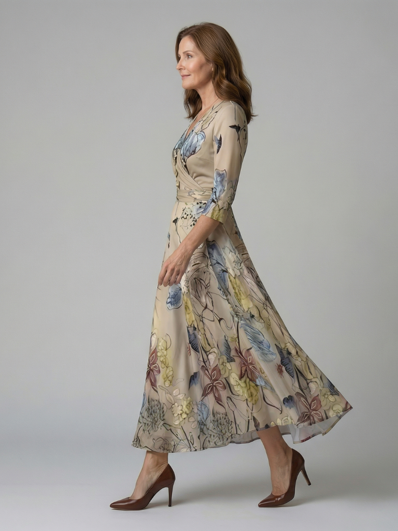 Floral wrap satin maxi dress with V neckline, three-quarter sleeves and sash waist - view 7