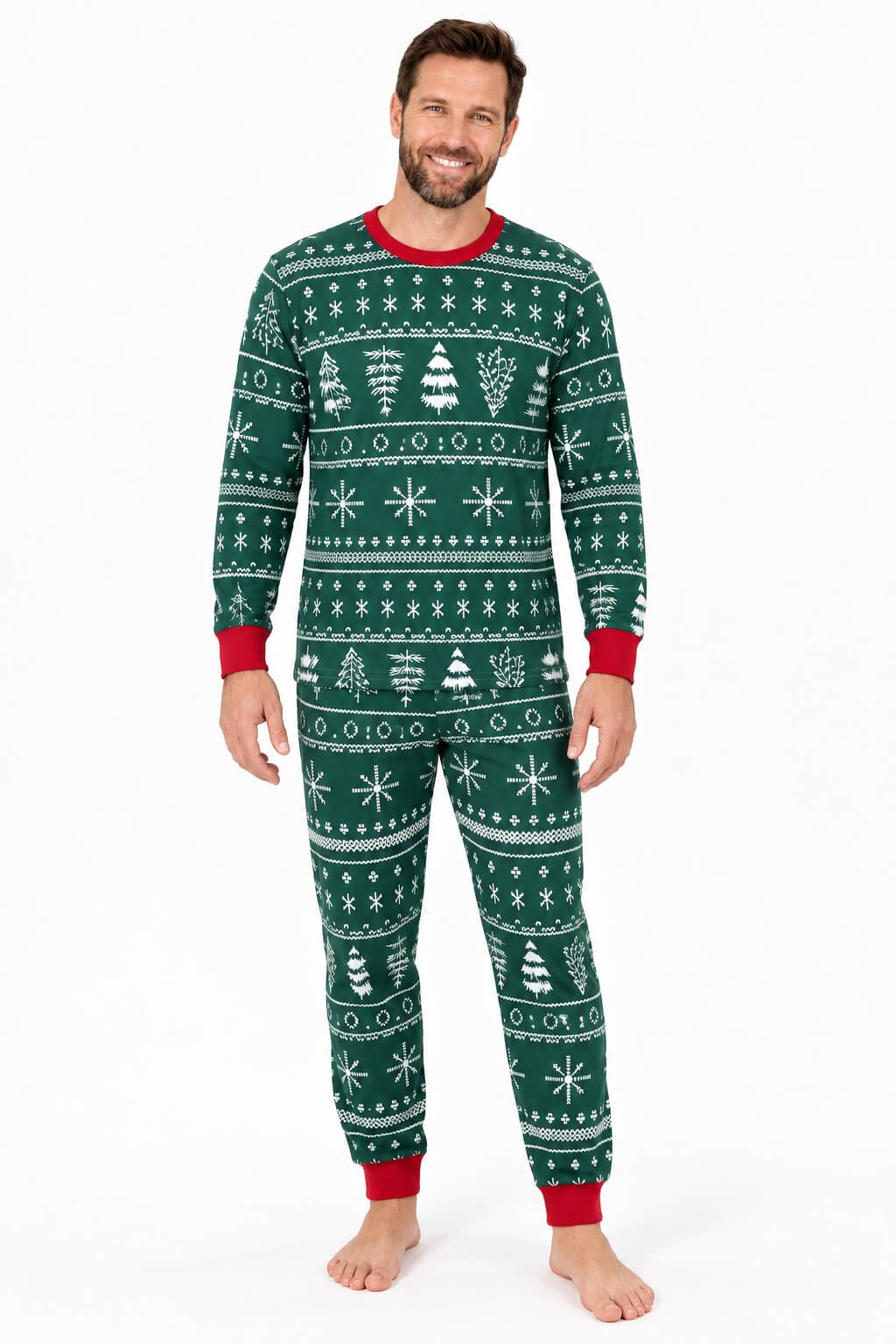 Family wearing matching green Fair Isle print Christmas pyjamas with red ribbed cuffs - view 10