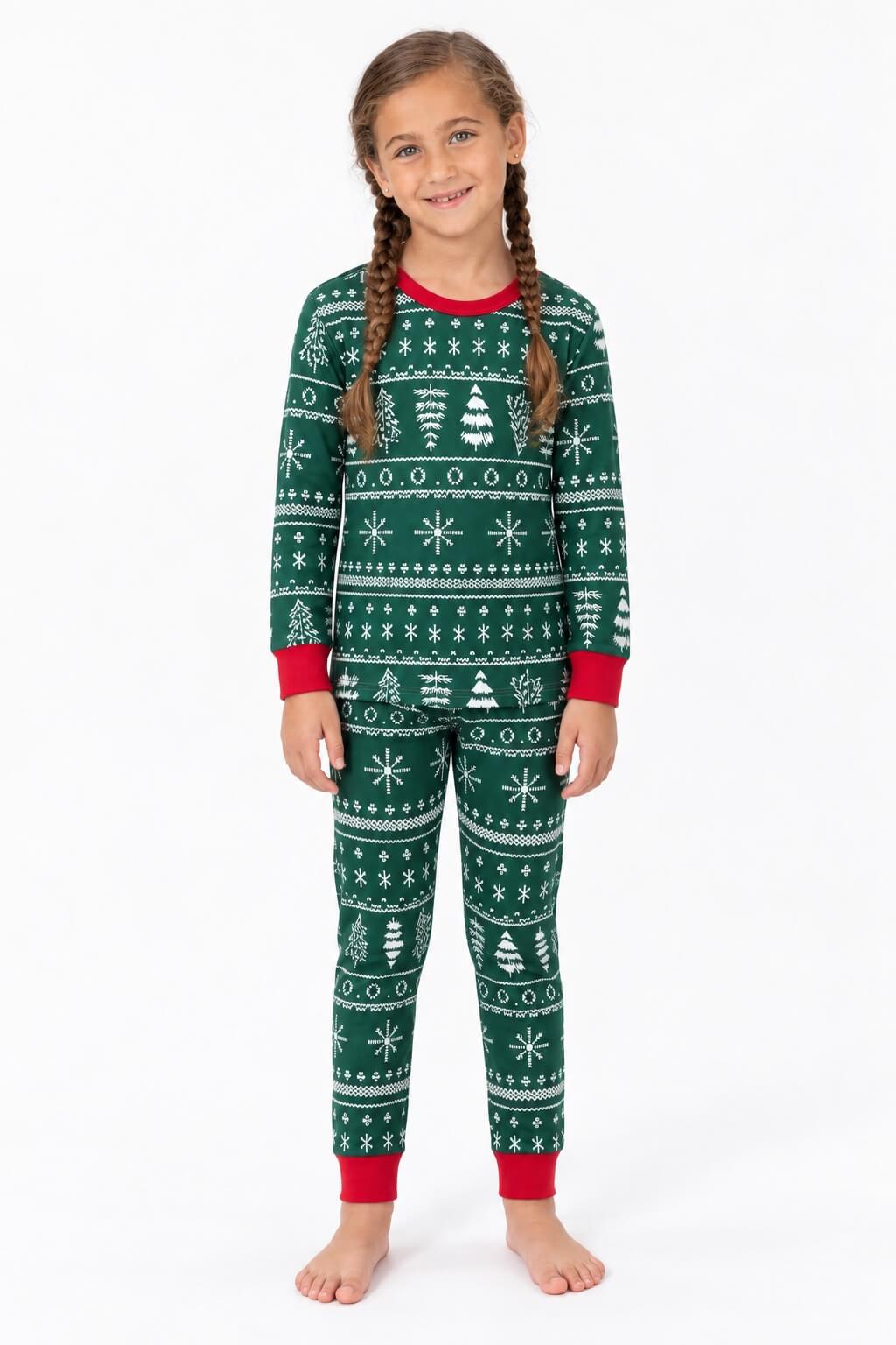 Family wearing matching green Fair Isle print Christmas pyjamas with red ribbed cuffs - view 11