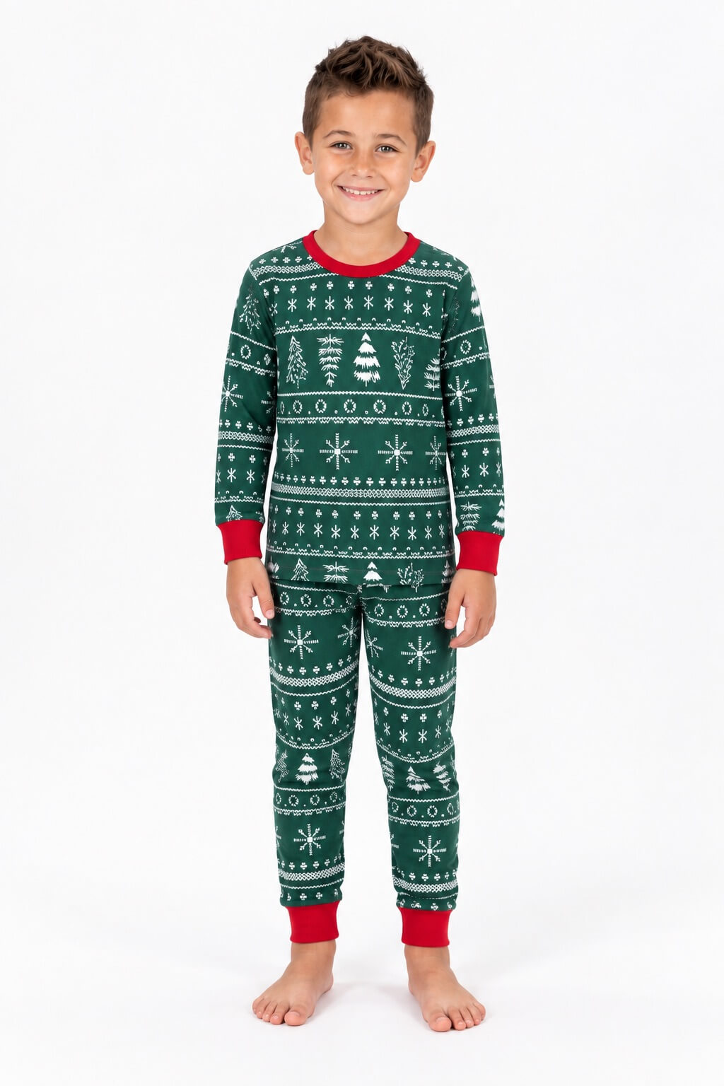 Family wearing matching green Fair Isle print Christmas pyjamas with red ribbed cuffs - view 12
