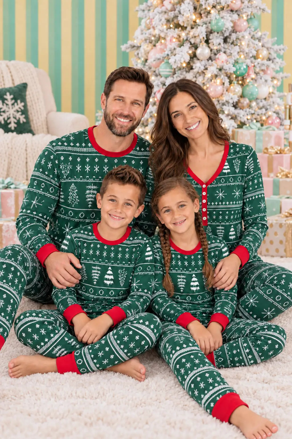 Family wearing matching green Fair Isle print Christmas pyjamas with red ribbed cuffs - view 2