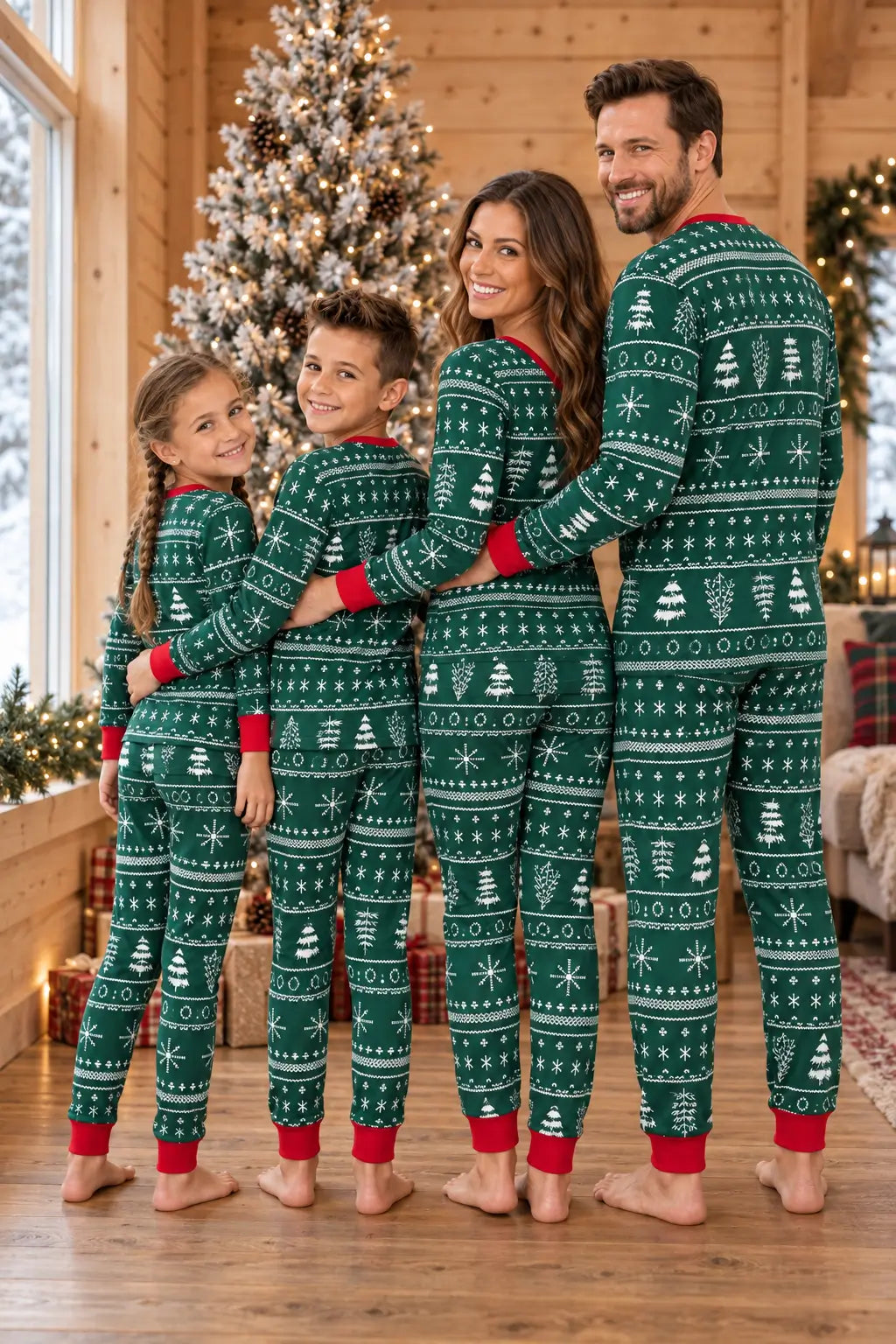 Family wearing matching green Fair Isle print Christmas pyjamas with red ribbed cuffs - view 3