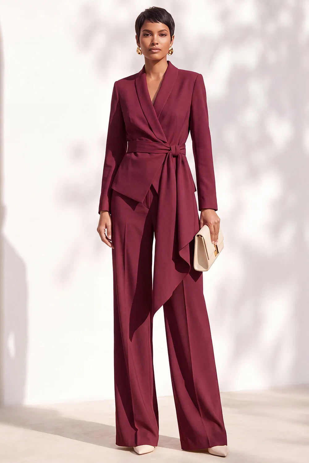 Wide leg pants and wrap blazer set with side tie belt