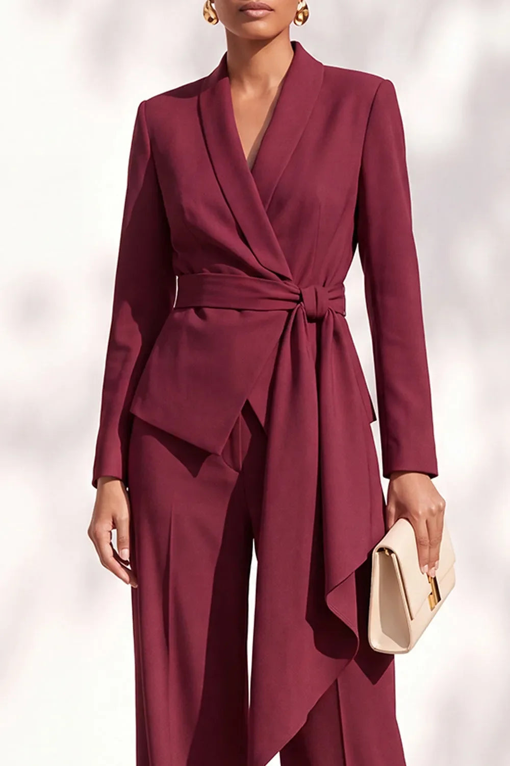 Wide leg pants and wrap blazer set with side tie belt - view 3