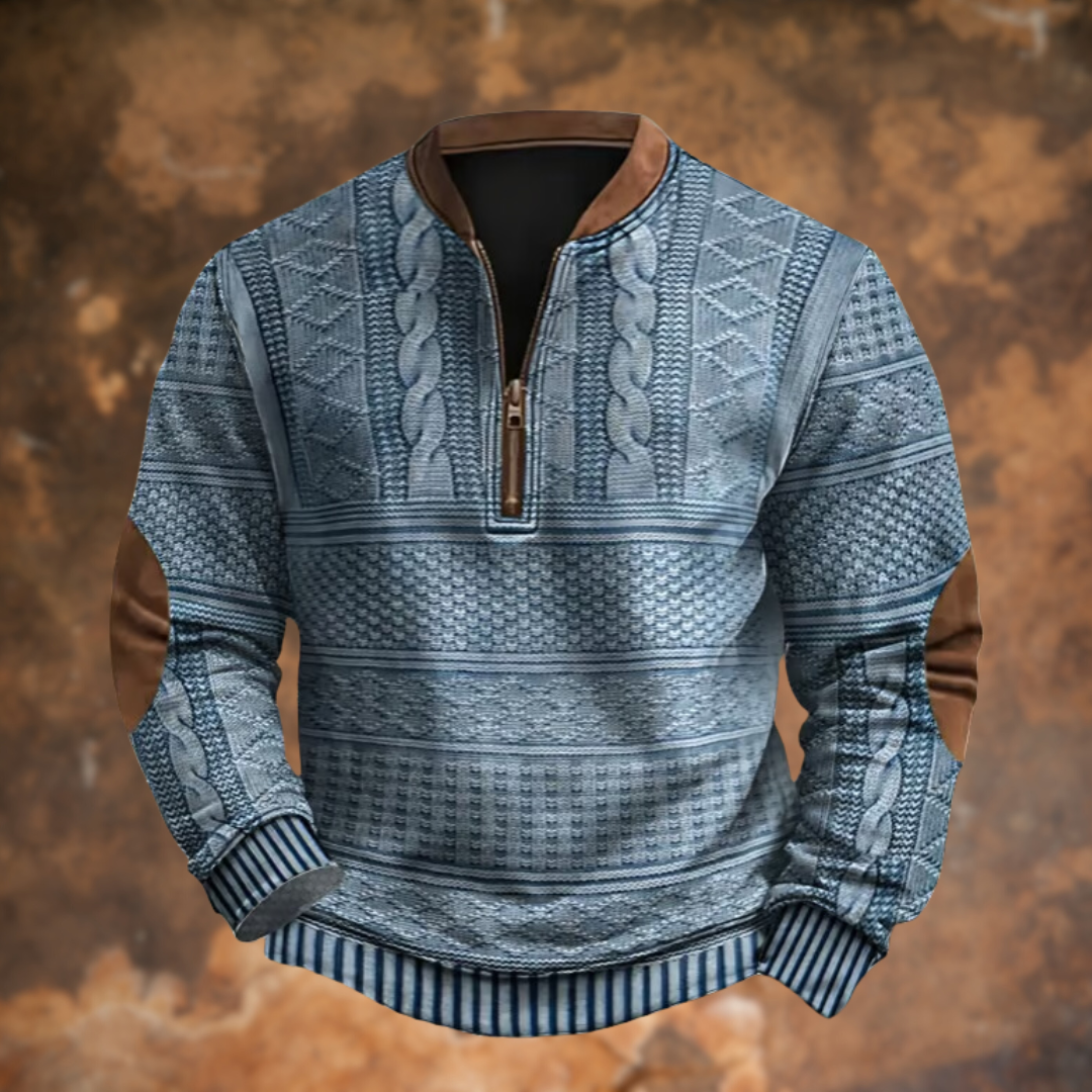 Men's cable knit quarter zip jumper with stand collar and contrast elbow patches