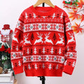 Red men's Christmas jumper with white reindeer, tree and snowflake knit pattern