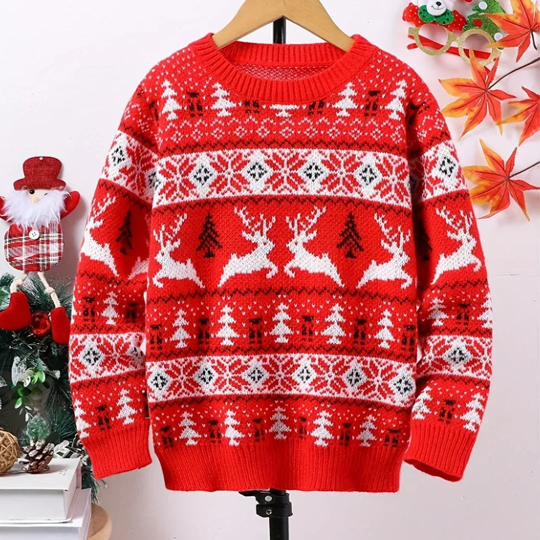 Red men's Christmas jumper with white reindeer, tree and snowflake knit pattern