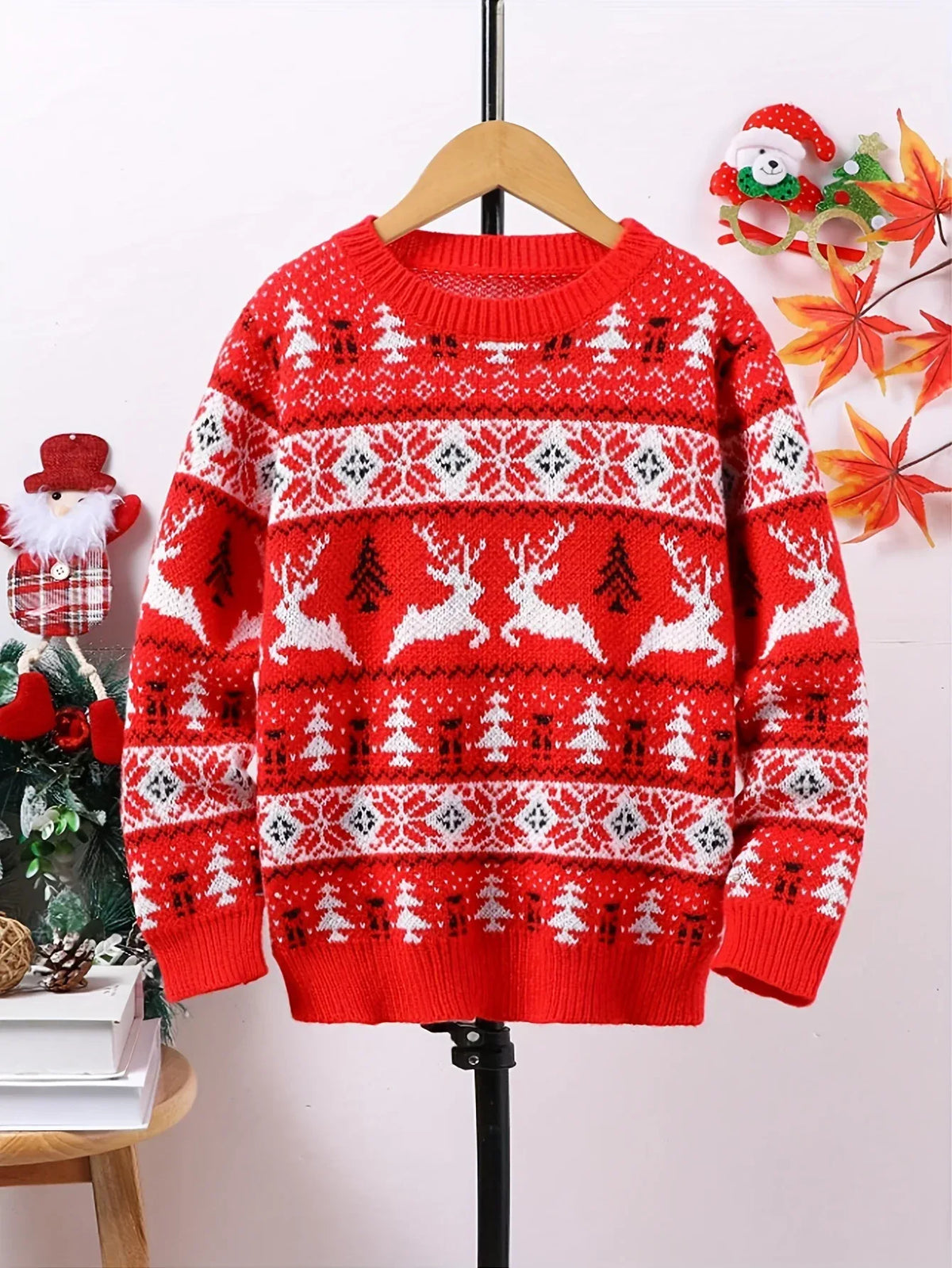 Red men's Christmas jumper with white reindeer, tree and snowflake knit pattern - view 2