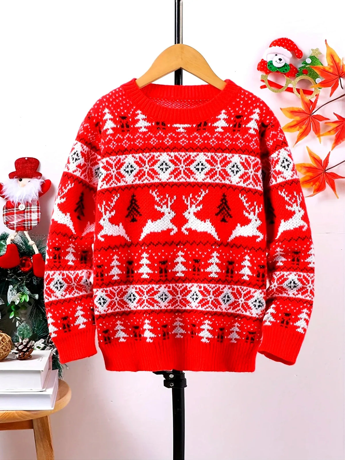 Red men's Christmas jumper with white reindeer, tree and snowflake knit pattern - view 3
