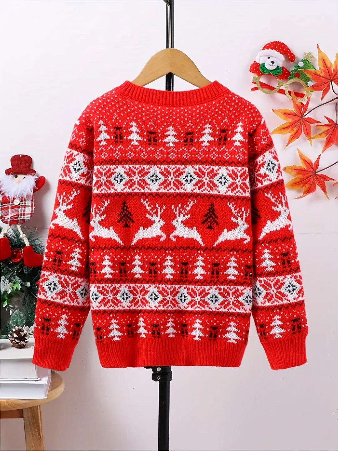 Red men's Christmas jumper with white reindeer, tree and snowflake knit pattern - view 4