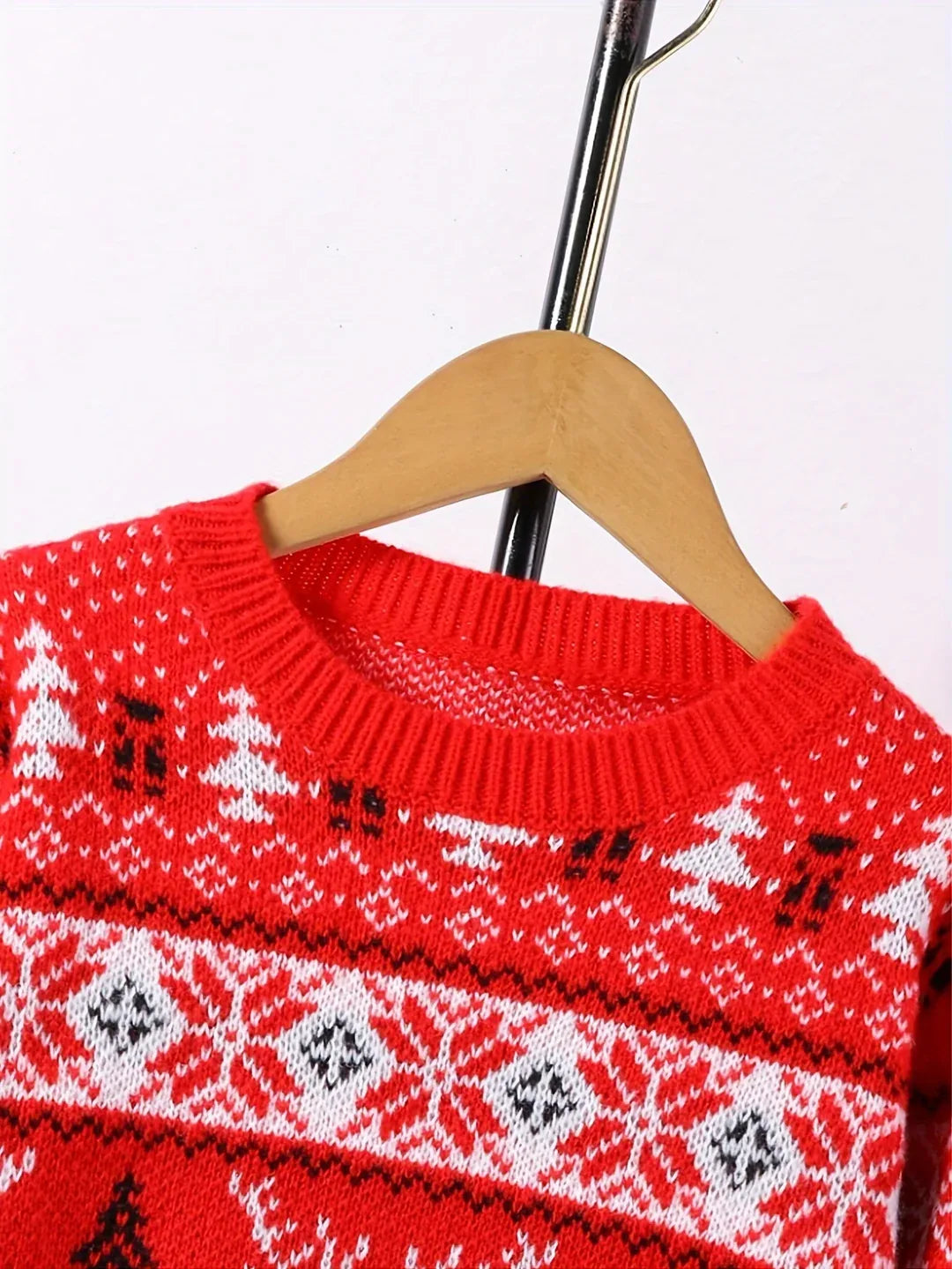 Red men's Christmas jumper with white reindeer, tree and snowflake knit pattern - view 5