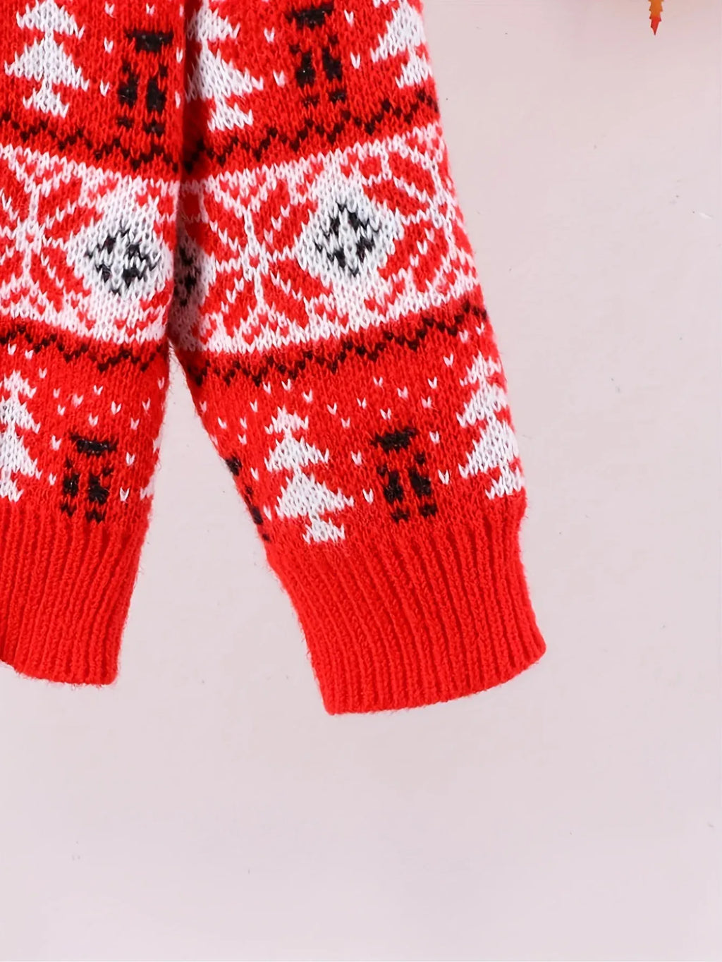 Red men's Christmas jumper with white reindeer, tree and snowflake knit pattern - view 6