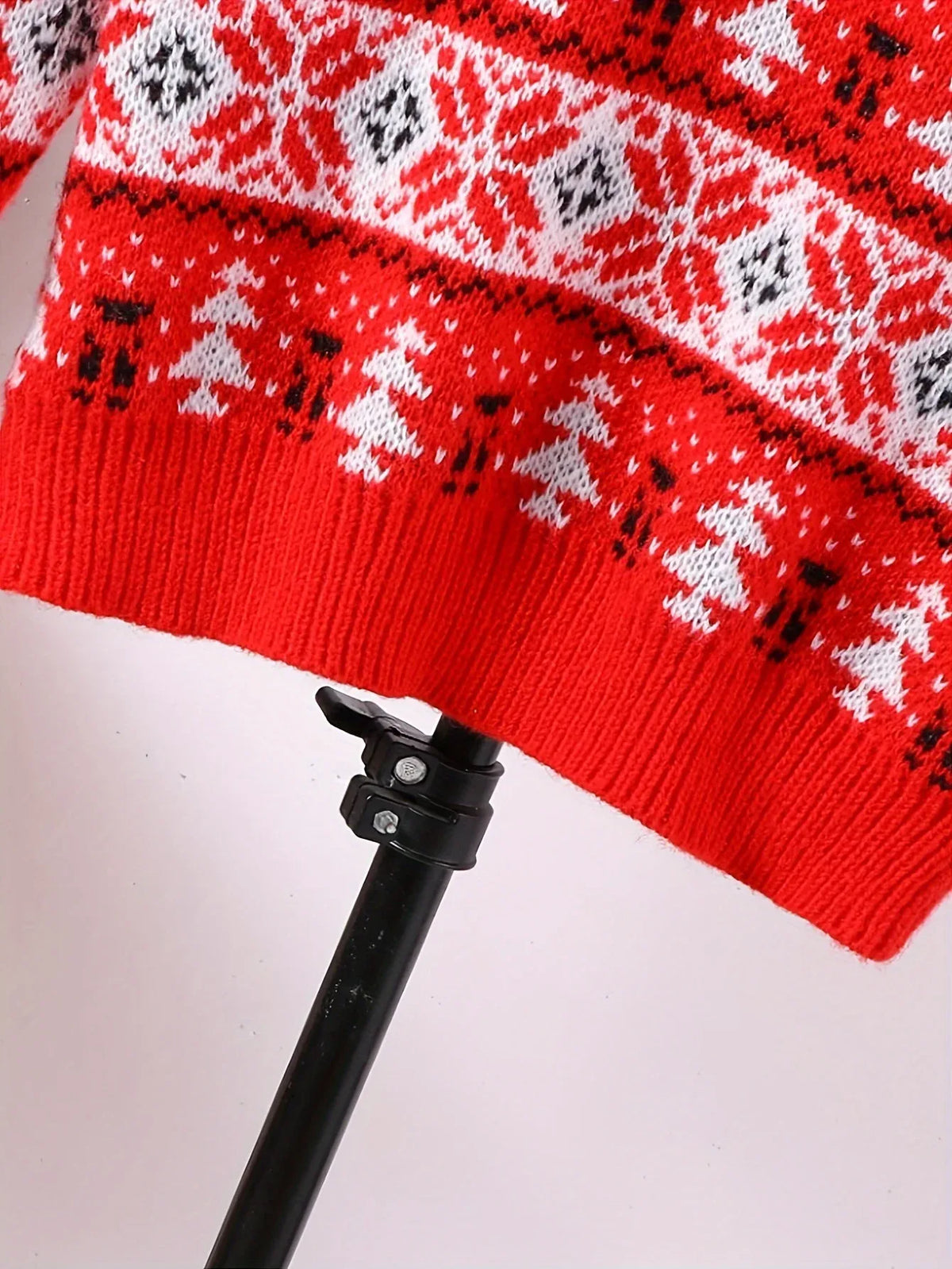 Red men's Christmas jumper with white reindeer, tree and snowflake knit pattern - view 7