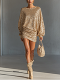 Gold sequin Christmas party dress with ruched mini skirt and long sleeves