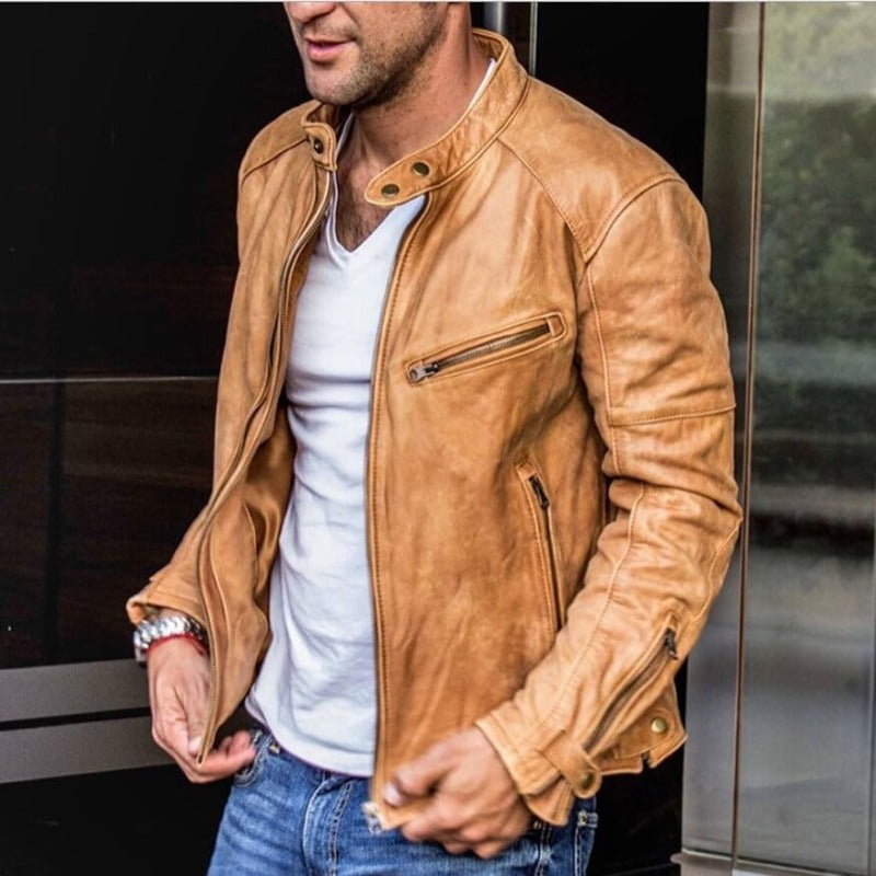 Caleb | Stand Collar Slim Leather Jacket
