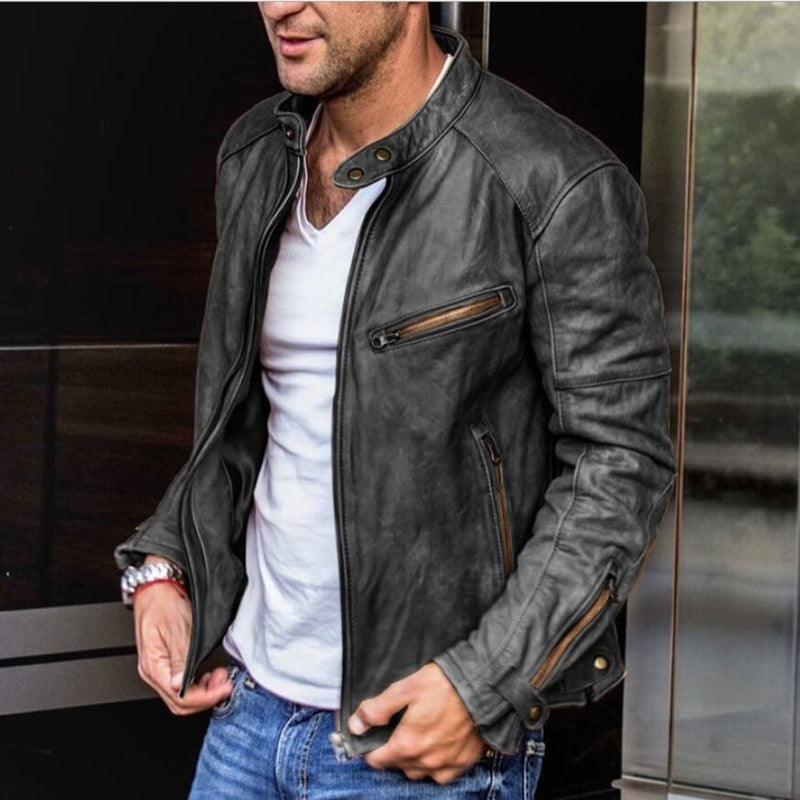 Caleb | Stand Collar Slim Leather Jacket