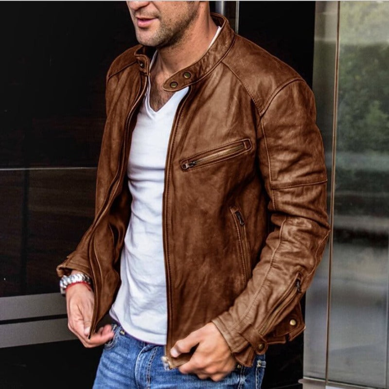 Caleb | Stand Collar Slim Leather Jacket
